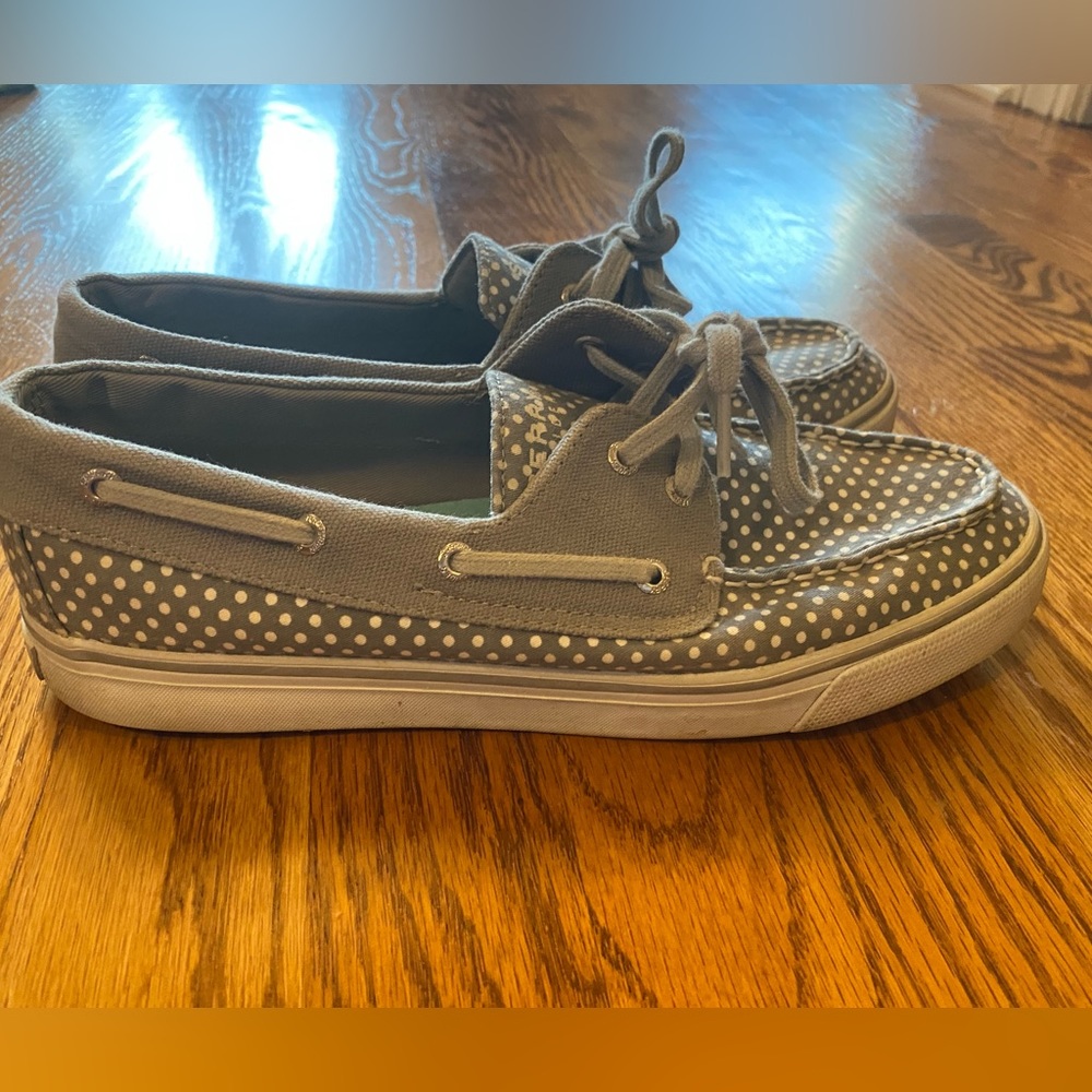 Gray and white Sperry Topsiders
